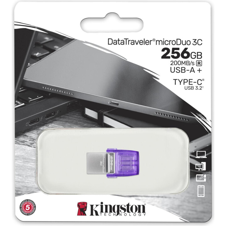 Kingston Technology DataTraveler microDuo 3C unidade de memória USB 256 GB USB Type-A / USB Type-C 3.2 Gen 1 (3.1 Gen 1) Aço ino