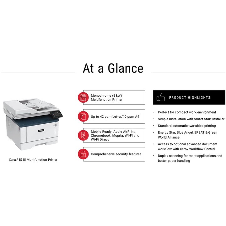 Xerox B315 - Impresora multifunción A4, 40 ppm, inalámbrica, dúplex, fax, PS3/PCL5e/6, 2 bandejas 350 hojas