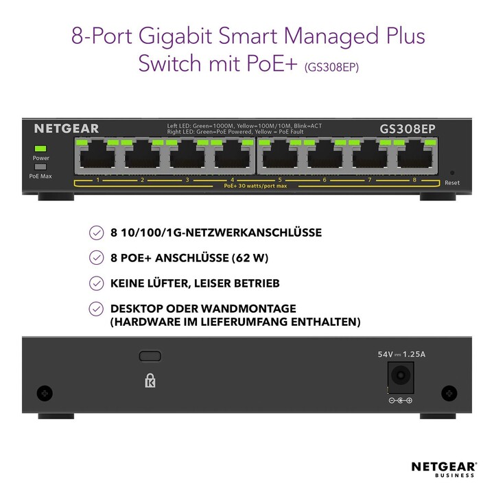 NETGEAR GS308EP-100PES 8-port Gigabit Ethernet PoE+ switch black