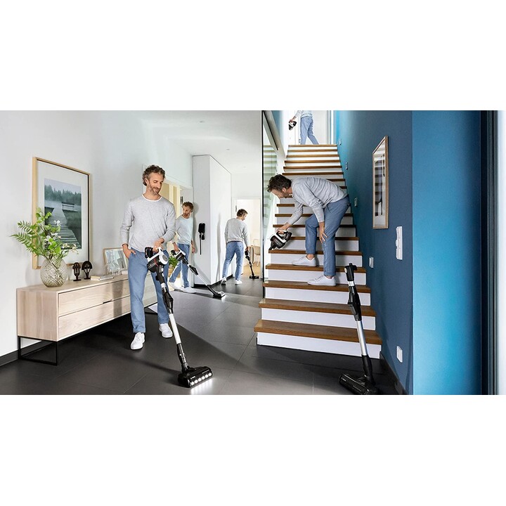 Bosch BBS711W aspirateur balai et balai électrique Sans sac 0,3 L Noir, Acier inoxydable, Blanc