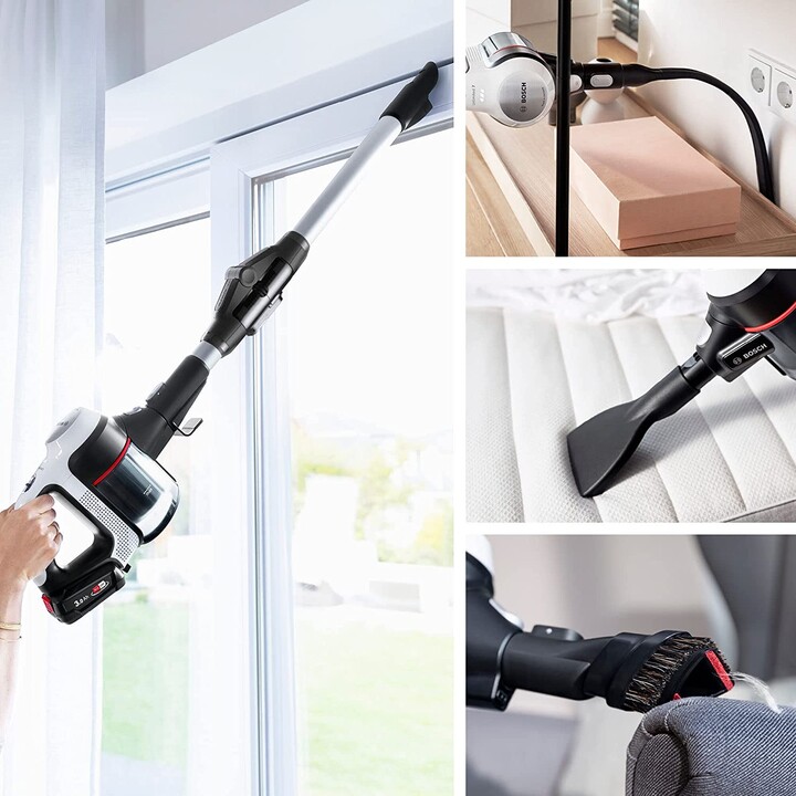 Bosch BBS711W aspirateur balai et balai électrique Sans sac 0,3 L Noir, Acier inoxydable, Blanc