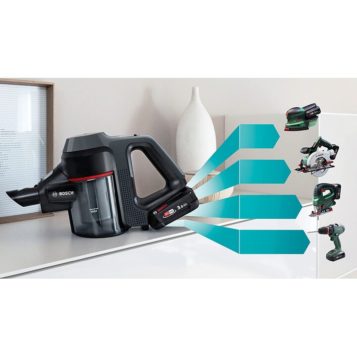 Bosch BBS711W aspirateur balai et balai électrique Sans sac 0,3 L Noir, Acier inoxydable, Blanc
