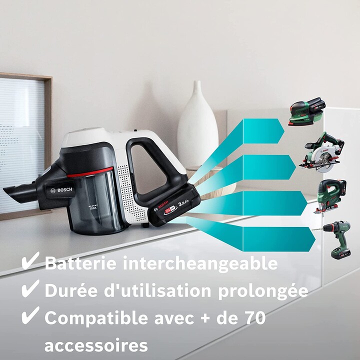 Bosch BBS711W aspirateur balai et balai électrique Sans sac 0,3 L Noir, Acier inoxydable, Blanc