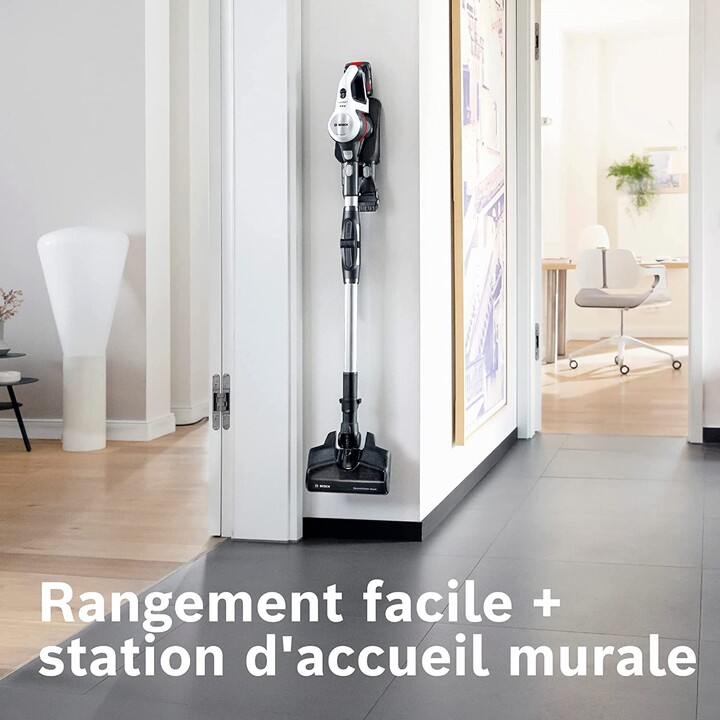 Bosch BBS711W aspirateur balai et balai électrique Sans sac 0,3 L Noir, Acier inoxydable, Blanc