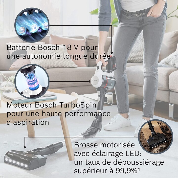 Bosch BBS711W aspirateur balai et balai électrique Sans sac 0,3 L Noir, Acier inoxydable, Blanc