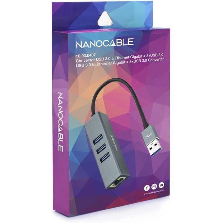 Hub USB 3.0 Nanocabo 10.03.0407/ 3 Portas USB/ 1 RJ45/ Cinza