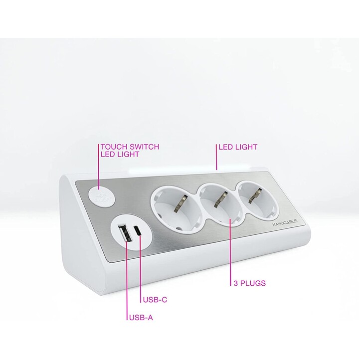 Multiprise avec interrupteur Nanocable 10.37.0013-W/ 3 prises de courant/ 1 USB/ 1 USB Type-C/ Blanc