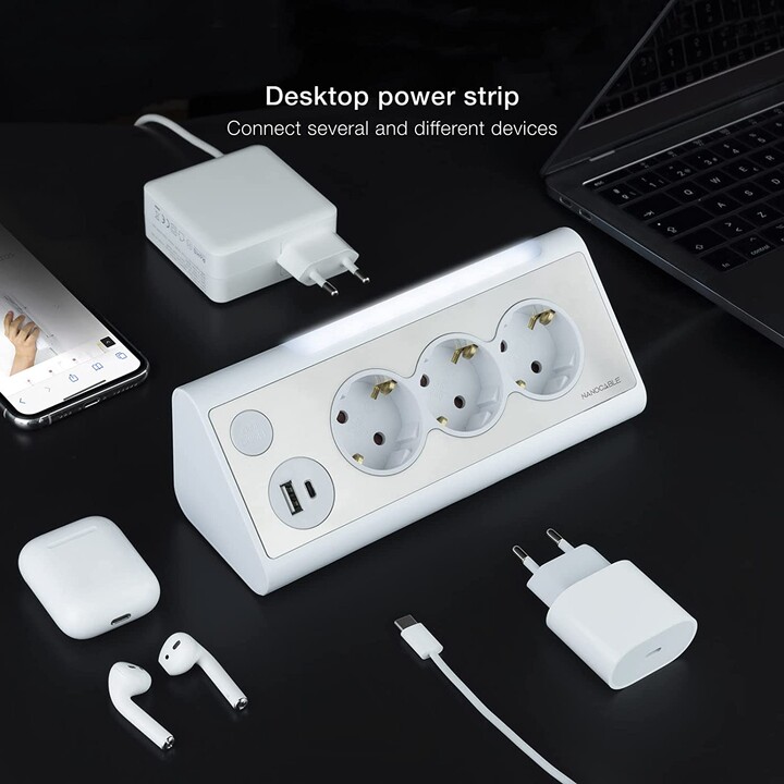 Power Strip with Switch Nanocable 10.37.0013-W/ 3 Power Outlets/ 1 USB/ 1 USB Type-C/ White