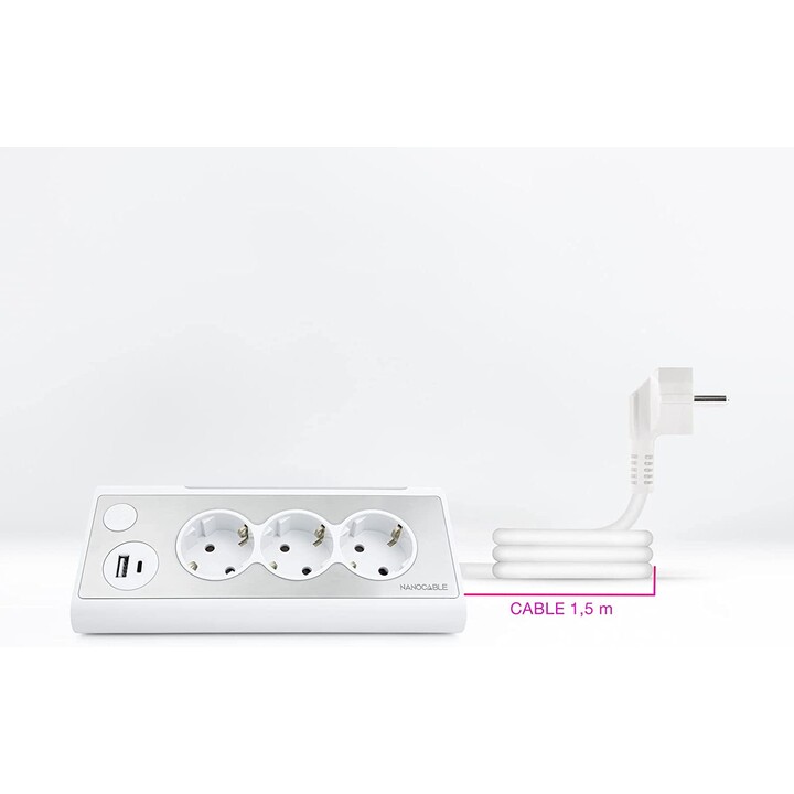 Multiprise avec interrupteur Nanocable 10.37.0013-W/ 3 prises de courant/ 1 USB/ 1 USB Type-C/ Blanc