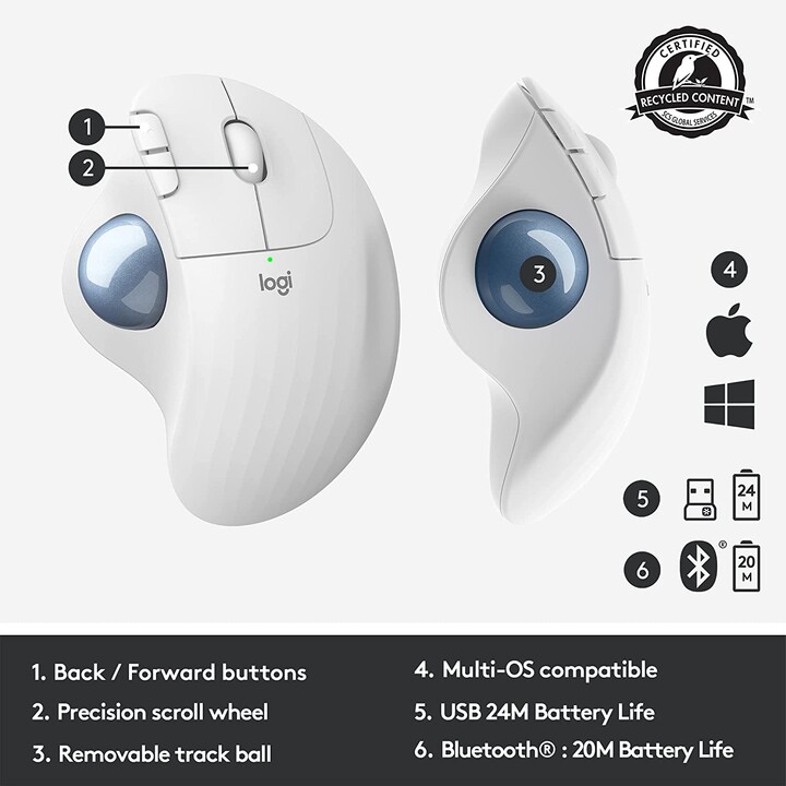Trackball inalámbrico Logitech ERGO M575 (menos movimiento, por lo tanto más comodidad, blanco)