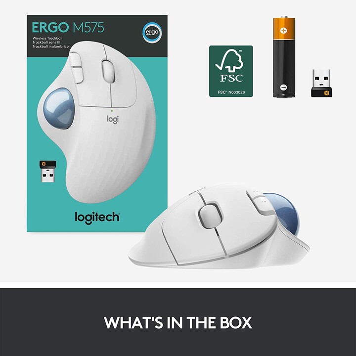 Trackball inalámbrico Logitech ERGO M575 (menos movimiento, por lo tanto más comodidad, blanco)