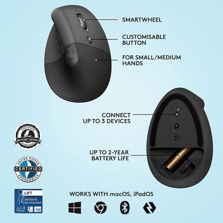 Mouse verticale ergonomico destrorso Logitech Lift (wireless, grafite)