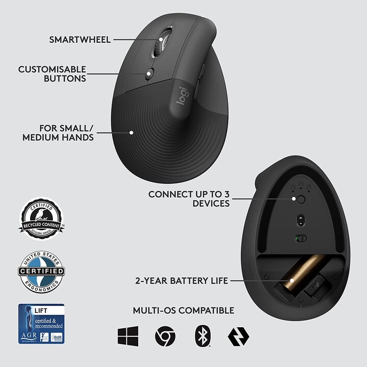 MOUSE LOGITECH VERTICAL WIRELESS LIFT FOR BUSINESS LEFT GRAPHITE