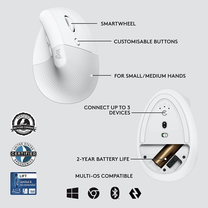 MOUSE LOGITECH ELEVADOR SEM FIO VERTICAL PARA NEGÓCIOS BRANCO