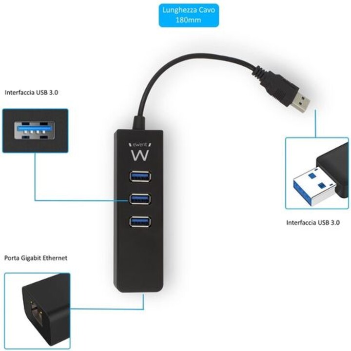 Hub Ewent Ew1140 3Ptos Usb3.0/Rj45