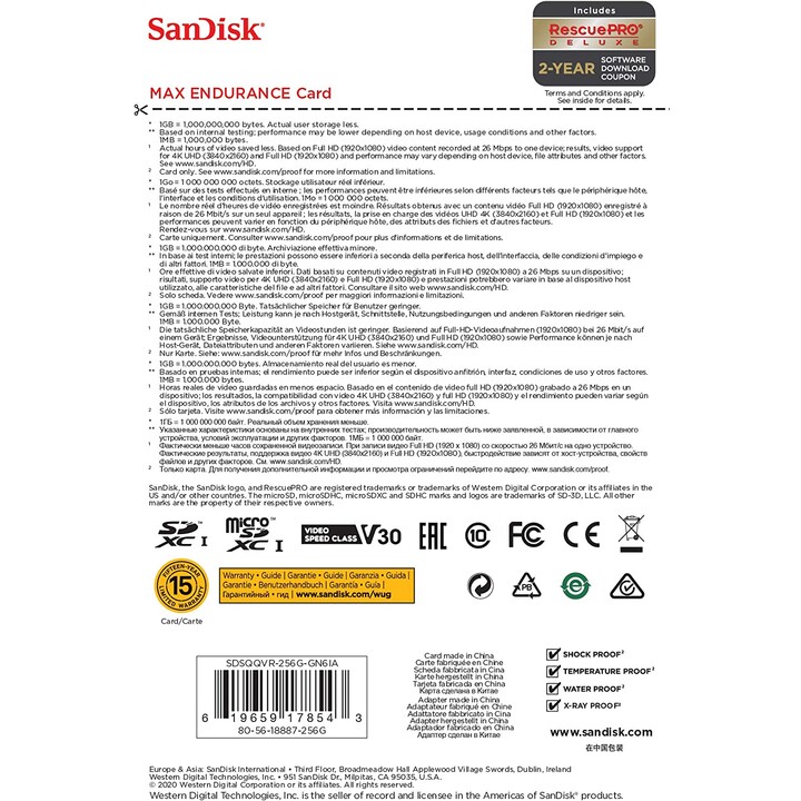 SANDISK MAX ENDURANCE V30 MICRO-SD-SPEICHER 256 GB + SD-ADAPTER