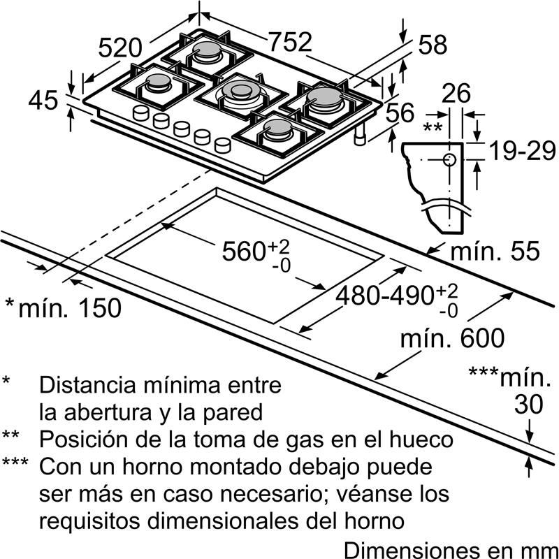 Placa de Gas Bosch Serie 6 PPQ7A6B90 75.2 cm 5 Zonas Negro