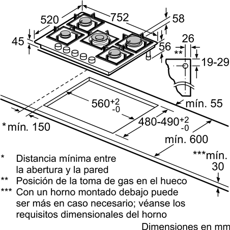 Placa de Gas Bosch Serie 6 PPQ7A6B90 75.2 cm 5 Zonas Negro