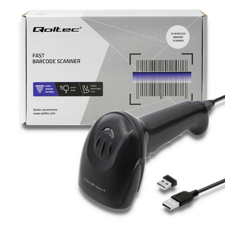 Scanner laser 1D wireless Qoltec 50868 | 2D | Nero