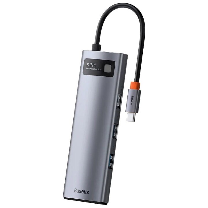 Baseus Hub Metal Gleam 8 en 1 Tipo-C 3x USB 3.0 PD HDMI RJ45 Lector de tarjetas SD MicroSD