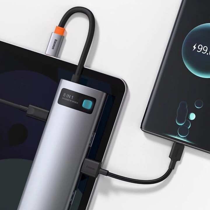 Baseus Hub Metal Gleam 8 en 1 Tipo-C 3x USB 3.0 PD HDMI RJ45 Lector de tarjetas SD MicroSD