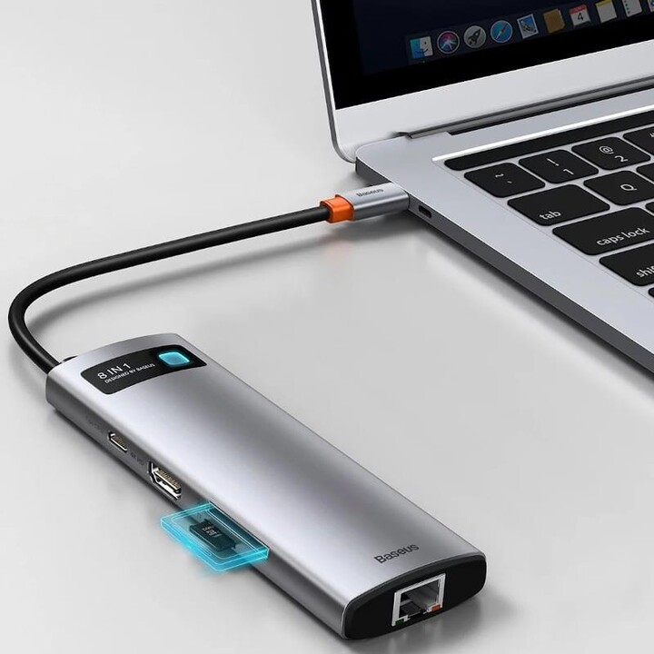 Baseus Hub Metal Gleam 8 en 1 Tipo-C 3x USB 3.0 PD HDMI RJ45 Lector de tarjetas SD MicroSD