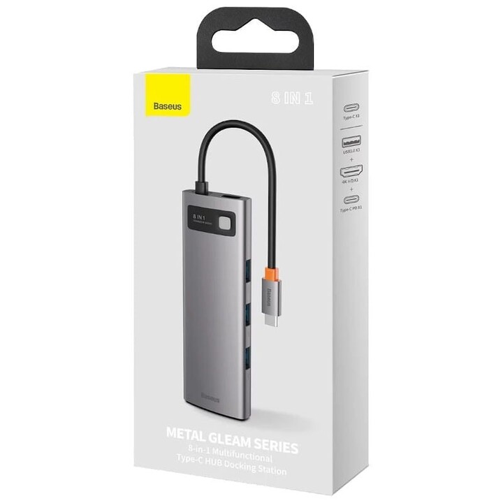 Baseus Hub Metal Gleam 8 en 1 Tipo-C 3x USB 3.0 PD HDMI RJ45 Lector de tarjetas SD MicroSD