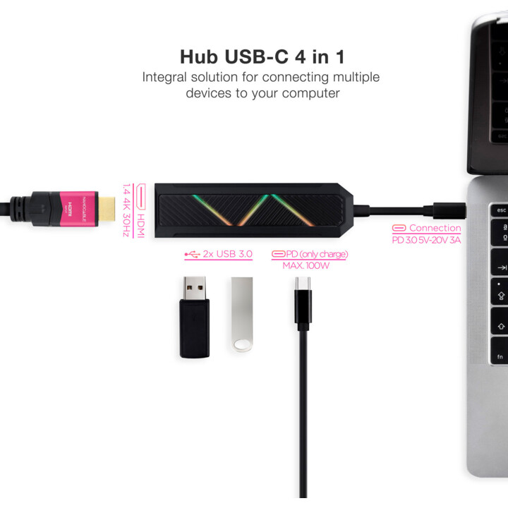 Hub USB 3.1 Type-C Nanocâble 10.16.0401/ 2 Ports USB/ 1 USB Type-C/ 1 HDMI/ Noir