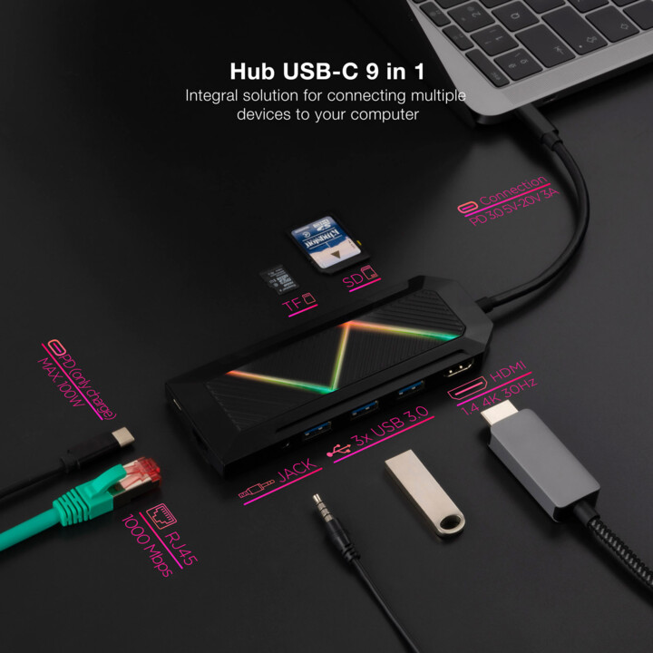 USB 3.0 Hub Nanocable 10.16.0901/ 3 USB Ports/ 1 USB Type-C/ 1 HDMI/ 1 RJ45/ 1 SD TF Card Reader/ Audio