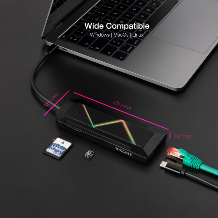 Hub USB 3.0 Nanocabo 10.16.0901/ 3 Portas USB/ 1 USB Tipo-C/ 1 HDMI/ 1 RJ45/ 1 Leitor de Cartão SD TF/ Áudio