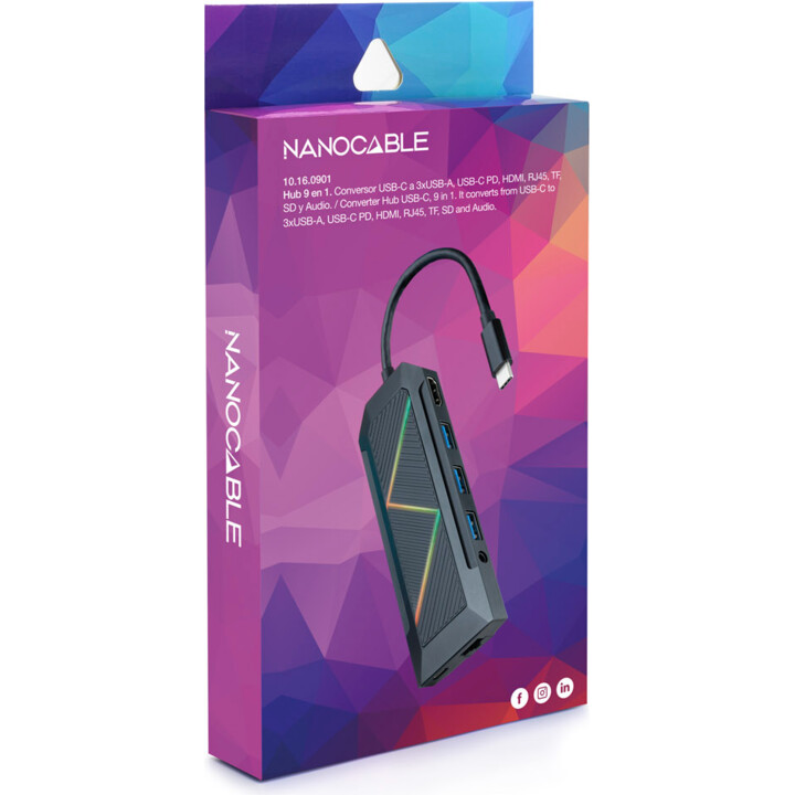 USB 3.0 Hub Nanocable 10.16.0901/ 3 USB Ports/ 1 USB Type-C/ 1 HDMI/ 1 RJ45/ 1 SD TF Card Reader/ Audio