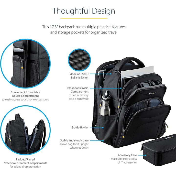 StarTech.com 17.3" Laptop Rucksack mit abnehmbarer Zubehörtasche - Ergonomischer IT Rucksack für IT Techniker/Profi - Robuster N