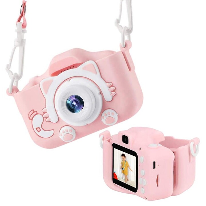 Fotocamera digitale per bambini K1C versione aggiornata Custodia per gatti da 600 mAh rosa