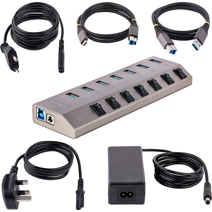 StarTech.com Hub USB-C de 7 Puertos USB-A - Ladrón USB Tipo C con Fuente de Alimentación - Interruptores Individuales de Encendi