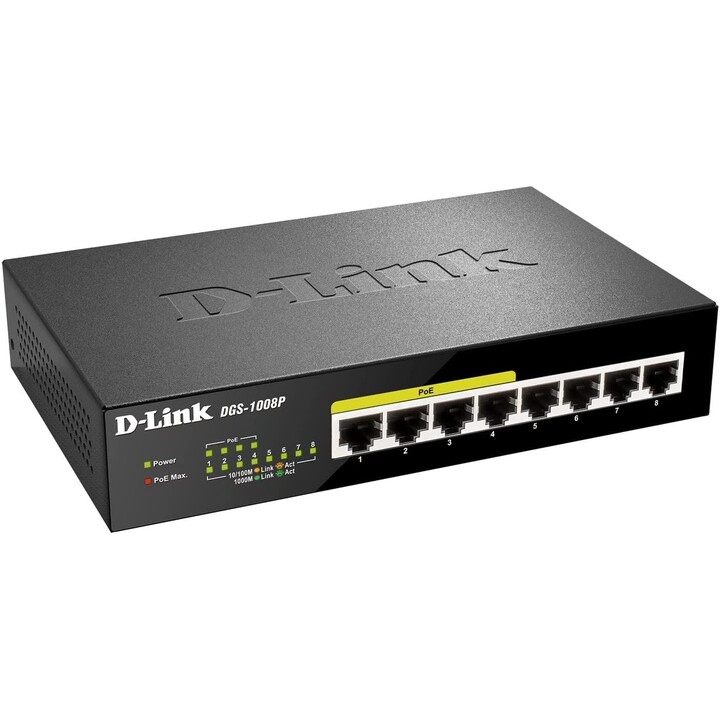 Switch DD-Link DGS-1008P Gigabit Ethernet não gerenciado (10/100/1000) Power over Ethernet (PoE) Preto