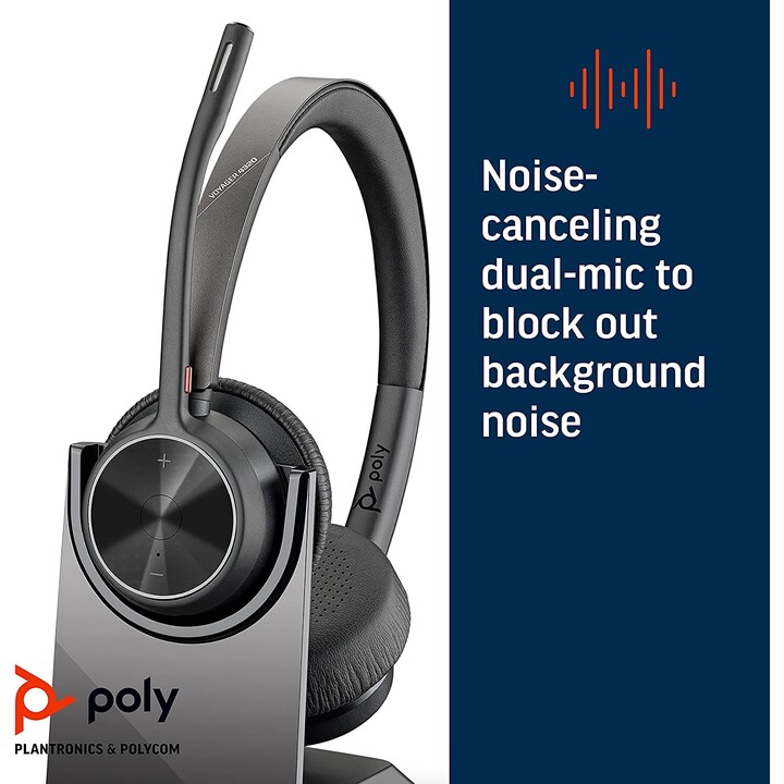 Poly Voyager 4300 UC Series 4320 Stereo Headset On-Ear (USB-A, Bluetooth, kabellos, mit Ladestation, Zoom zertifiziert)