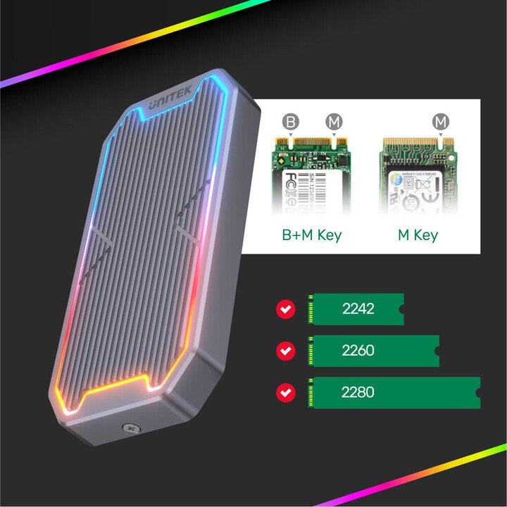 UNITEK OBUDOWA DYSKU USB-C M.2 SSD NVME/SATA, 10GBPS, RGB