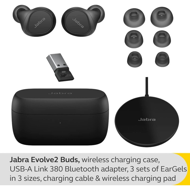 Jabra Evolve2 Buds UC Headset In-Ear (Bluetooth, wireless, USB-A, custodia di ricarica, pad di ricarica wireless)
