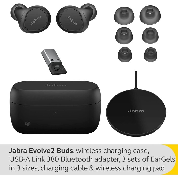 Jabra Evolve2 Buds MS Headset In-Ear (Bluetooth, wireless, USB-A, custodia di ricarica, pad di ricarica wireless)