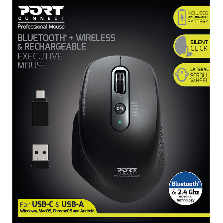 PORT Connect Wireless 2.4GHz Bluetooth® mouse executive ricaricabile nero