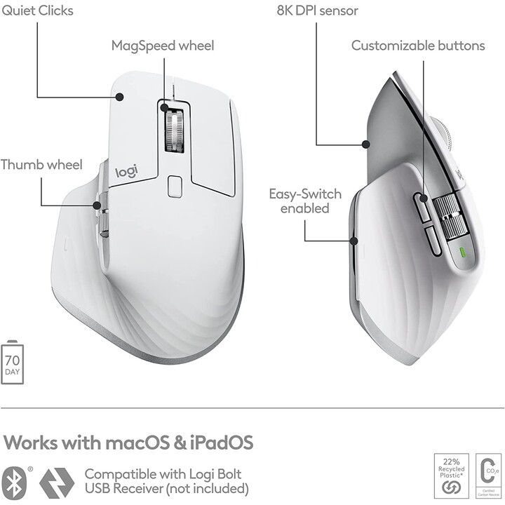 Logitech MX Master 3S Bluetooth Wireless Mouse ergonômico para Mac/Bateria recarregável/Até 8000 DPI/Cinza pálido