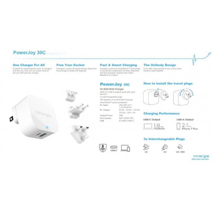 PowerJoy 30C - Chargeur mural 30 W avec 1 port USB-C et 1 port USB-A jusqu'à 3 A