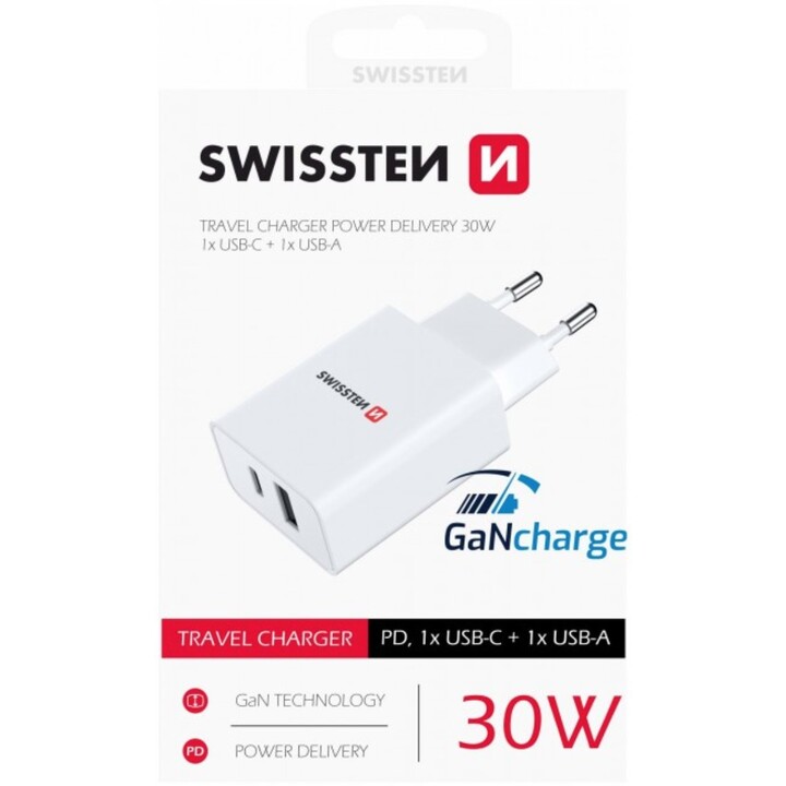Chargeur de Voyage Power Delivery 30W 1x USB-C + 1x USB Blanc