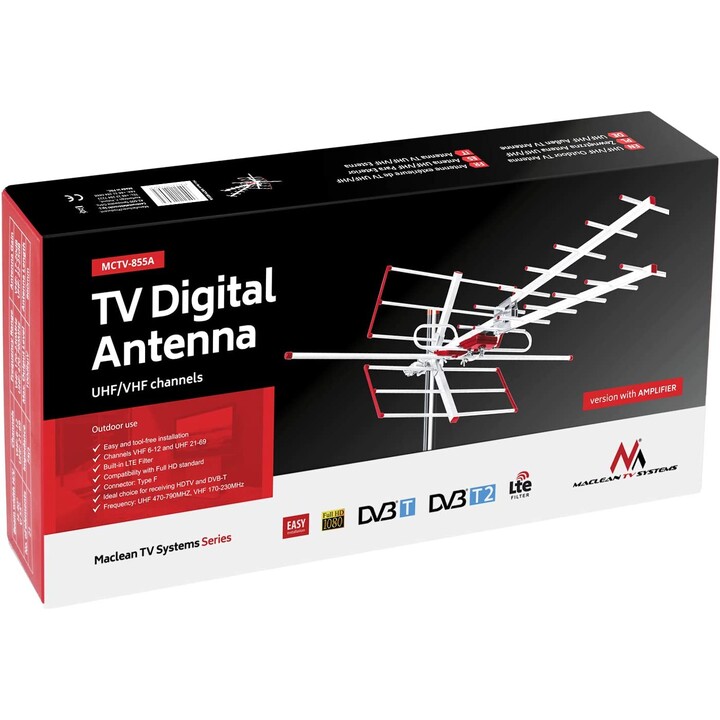 Antena externa TV DVB-T/T2 H.265 HEVC Combo UHF VHF activo máx. 100dBμV filtro Lte Maclean MCTV-855