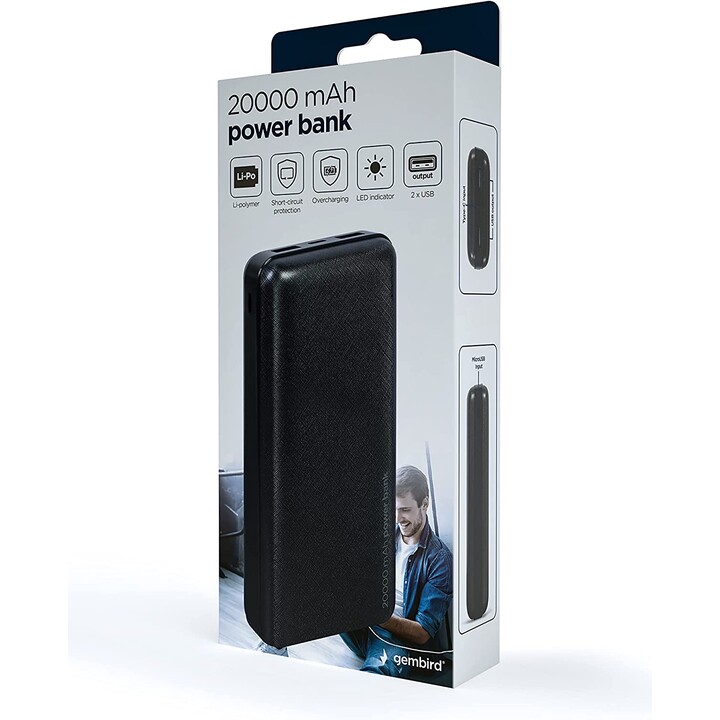 Batteria esterna Gembird PB20-02 Litio Polimeri 20000 mAh Nera
