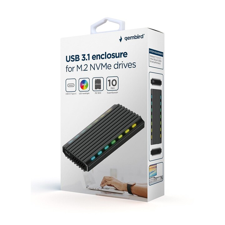 Gembird EE2280-U3C-03 USB 3.1 caja para unidades M.2 NVMe, RGB, aluminio