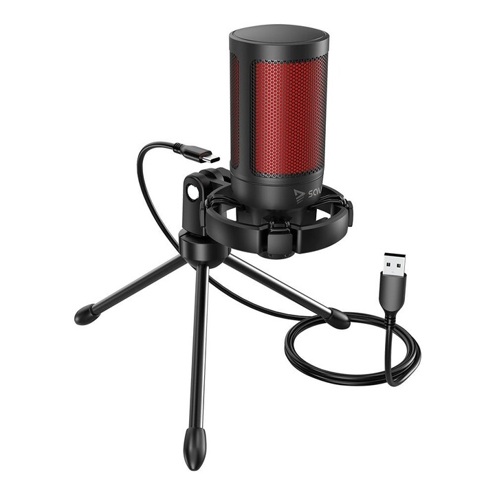 Microfono da gioco cablato SAVIO con retroilluminazione, treppiede, USB, SONAR PRO