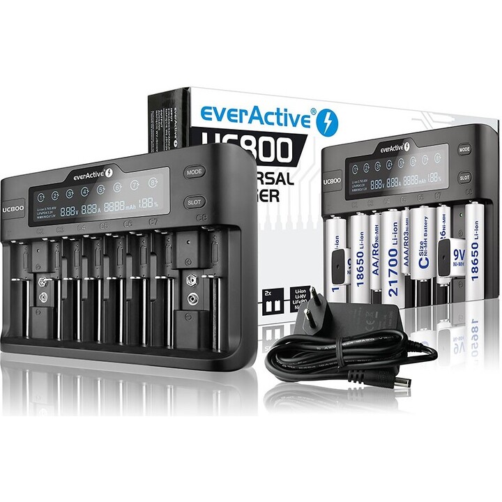 Cargador de baterías para baterías recargables de Li-ion y Ni-MH everActive UC-800