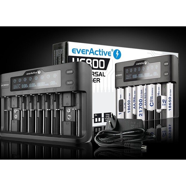 Cargador de baterías para baterías recargables de Li-ion y Ni-MH everActive UC-800