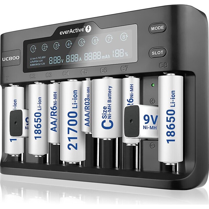 Cargador de baterías para baterías recargables de Li-ion y Ni-MH everActive UC-800